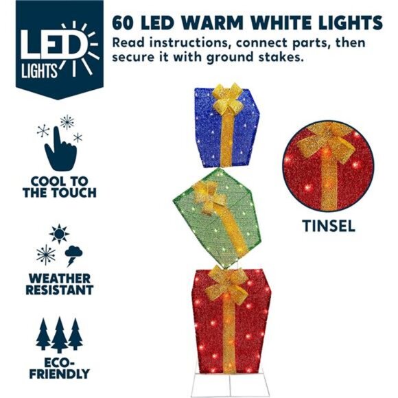 4FT Christmas 2D Stacked Gift Boxes Tinsel Yard Light 60 Pre-Lit LED Lights - Picture 3 of 8